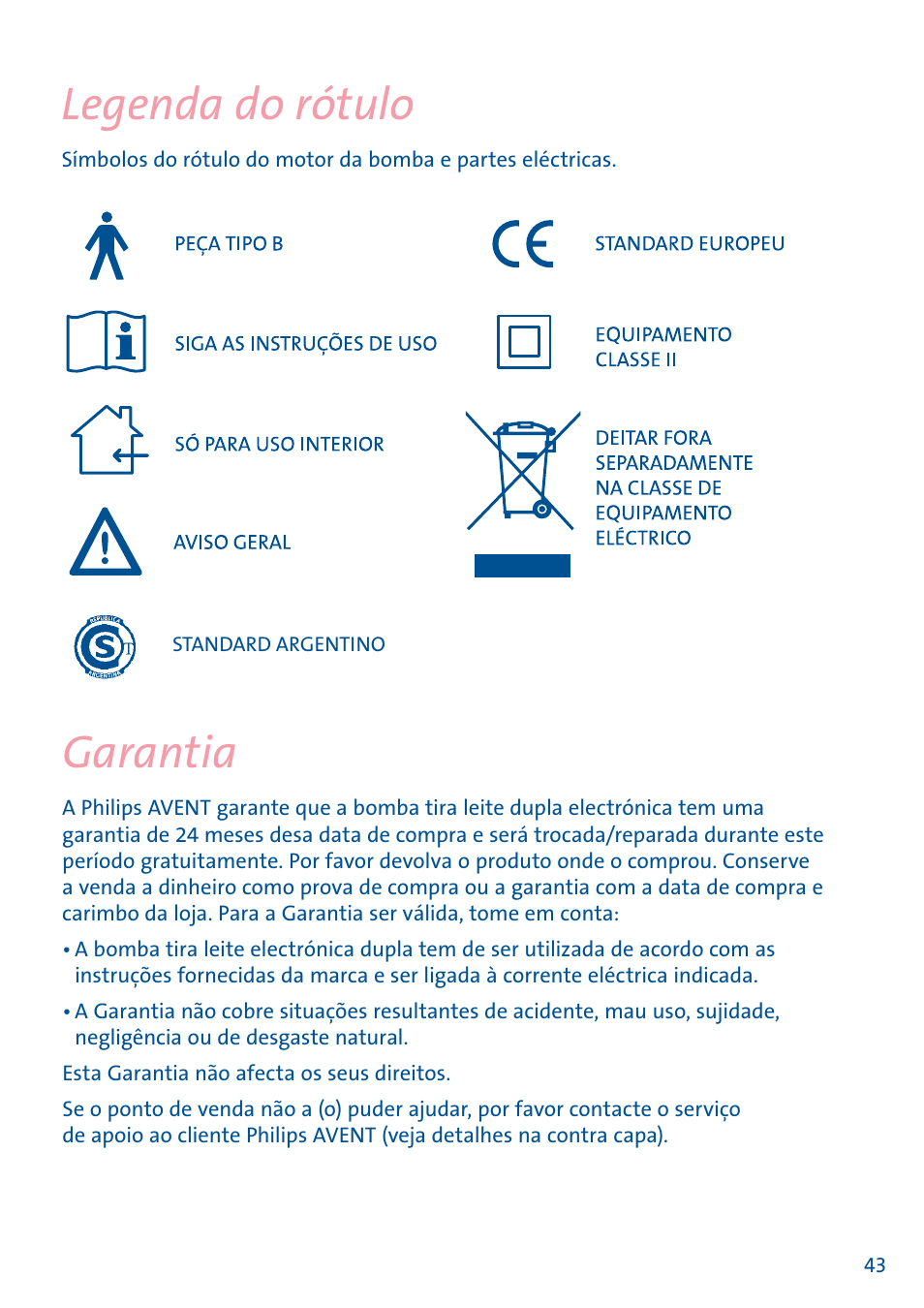 Garantia, Legenda do rótulo | Philips AVENT Equipo de extracción doble User Manual | Page 44 / 60