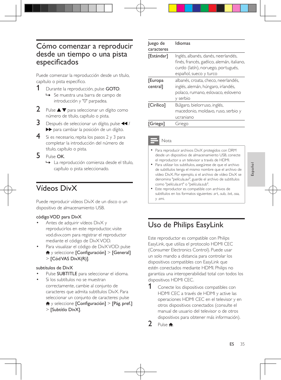 Vídeos divx, Uso de philips easylink, Cómo comenzar a reproducir desde | Un tiempo o una pista especificados 35 | Philips Reproductor de DVD User Manual | Page 10 / 17