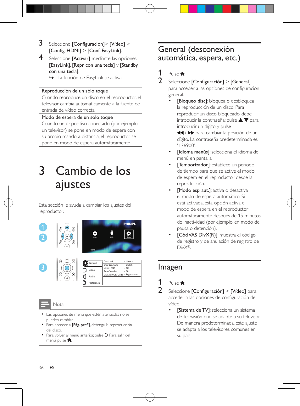 3 cambio de los ajustes, General (desconexión automática, espera, etc.), Imagen | General (desconexión automática, Espera, etc.), General (desconexión automática, espera, etc.) 1, Imagen 1 | Philips Reproductor de DVD User Manual | Page 11 / 17