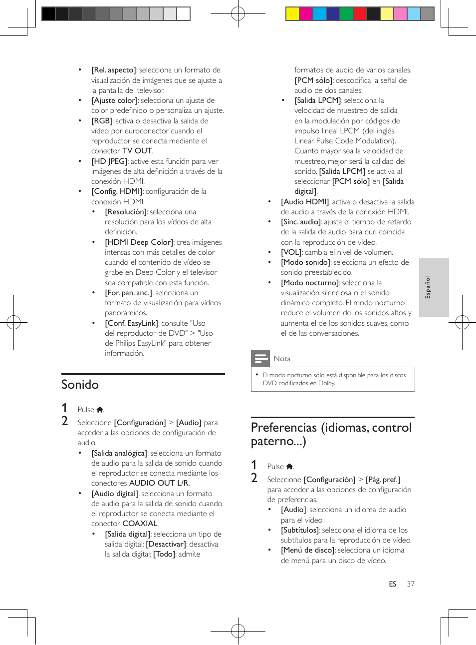 Sonido, Preferencias (idiomas, control paterno...), Preferencias (idiomas, control paterno...) 37 | Sonido 1, Preferencias (idiomas, control paterno...) 1 | Philips Reproductor de DVD User Manual | Page 12 / 17