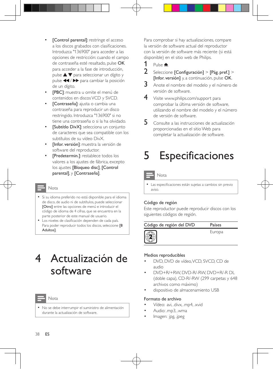 4 actualización de software, 5 especificaciones | Philips Reproductor de DVD User Manual | Page 13 / 17