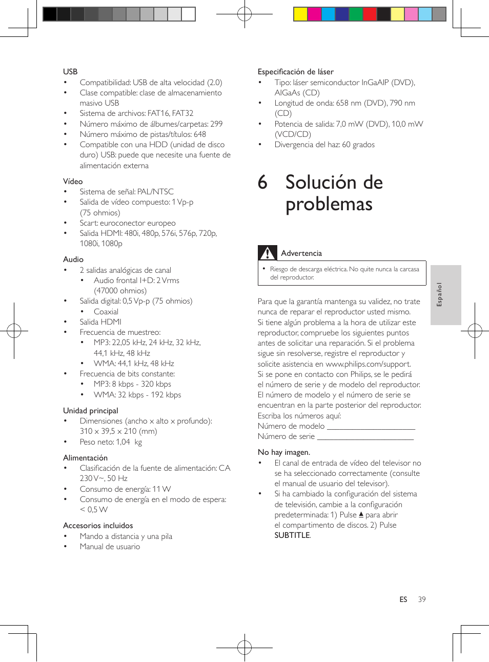 6 solución de problemas | Philips Reproductor de DVD User Manual | Page 14 / 17
