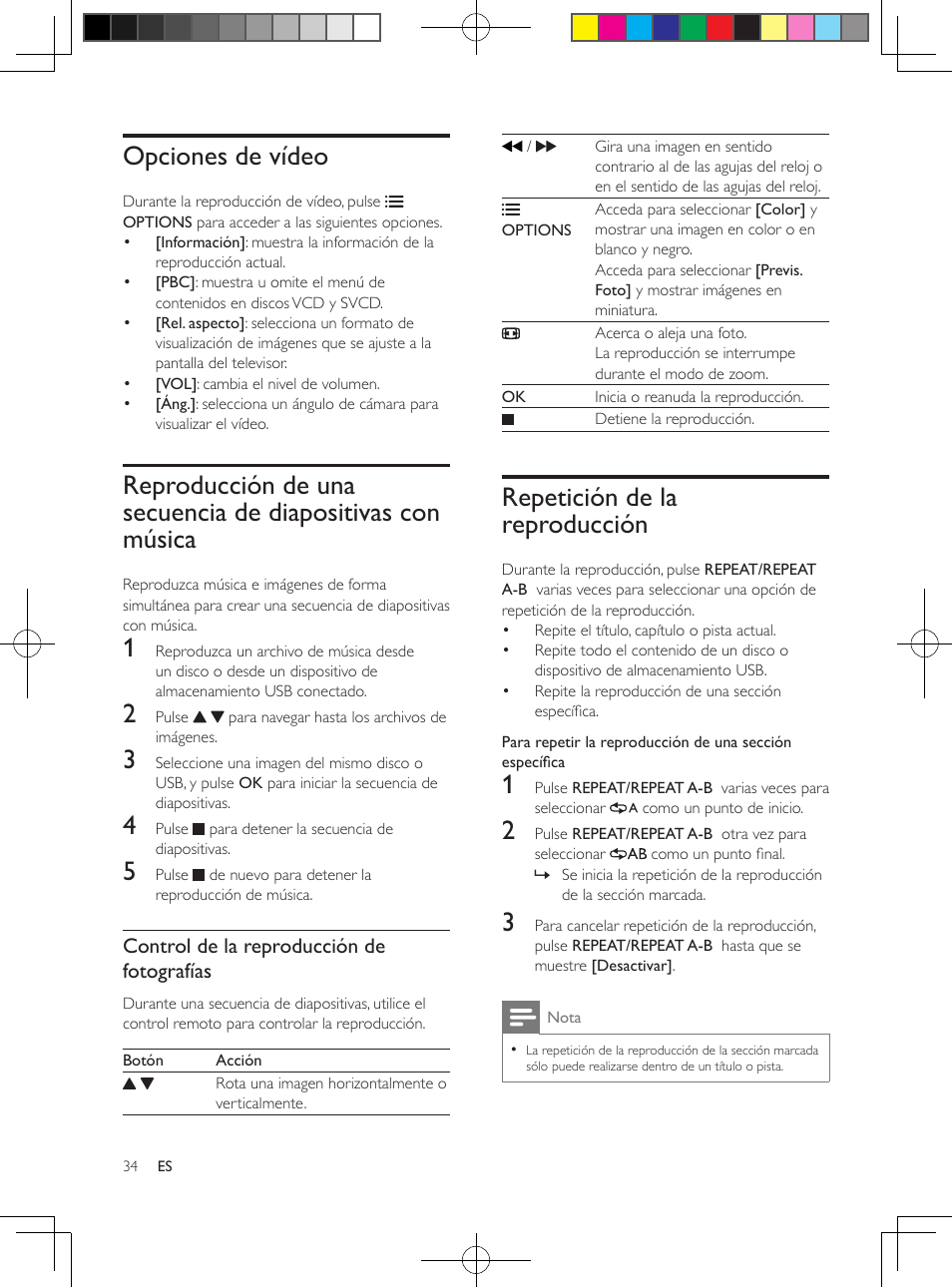 Opciones de vídeo, Repetición de la reproducción, Reproducción de una secuencia de | Diapositivas con música, Control de la reproducción de fotografías | Philips Reproductor de DVD User Manual | Page 9 / 17