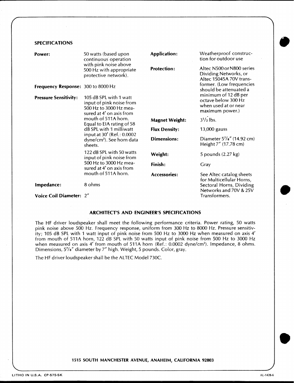 Specifications, Power, Application: protection | Frequency response: 300 to 8000 hz, Pressure sensitivity, Magnet weight: flux density: dimensions, Weight, Finish, Accessories, Impedance: 8 ohms | Altec Lansing 730C User Manual | Page 2 / 2
