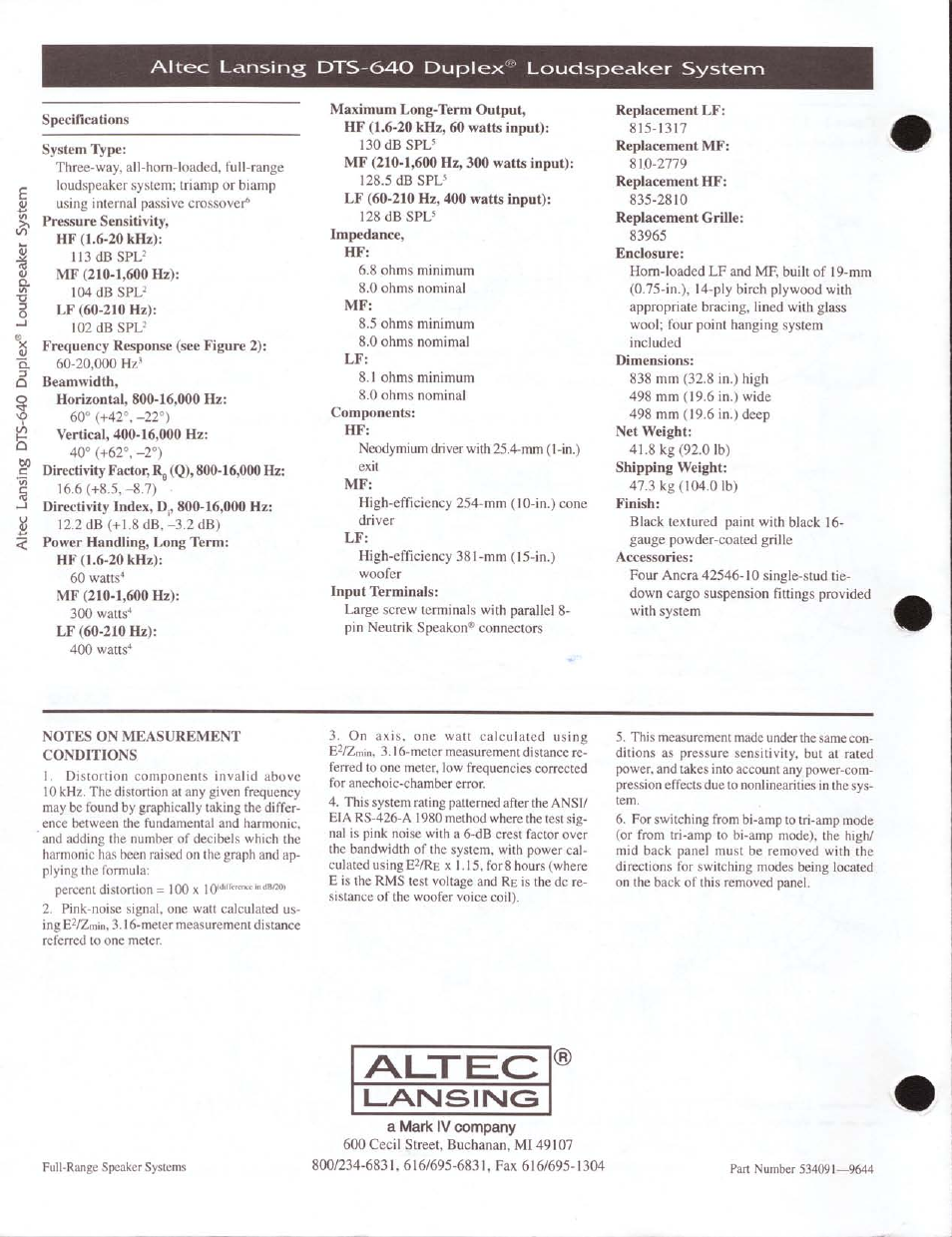 A mark iv company, Lansing | Altec Lansing DTS-640 User Manual | Page 6 / 6