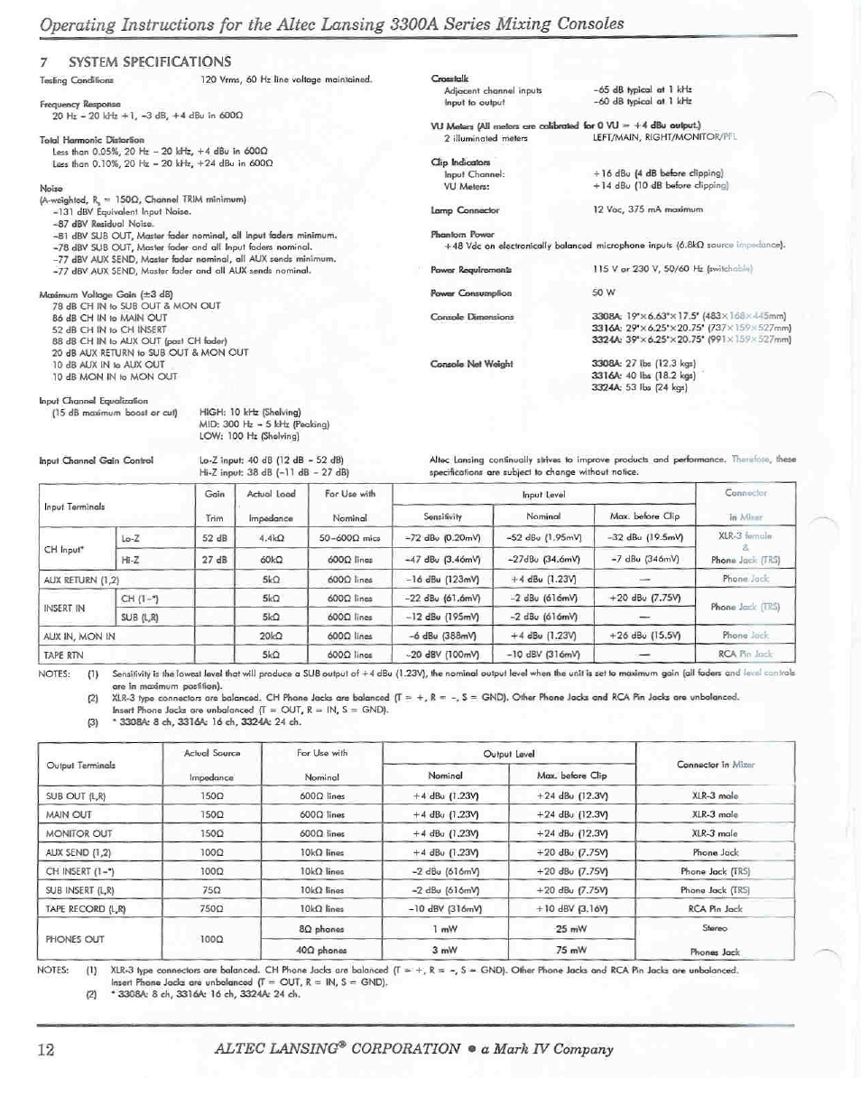 7 system specifications, 12 altec lansing* corporation • a mark iv company, System specifications | Altec Lansing 3300A User Manual | Page 12 / 14