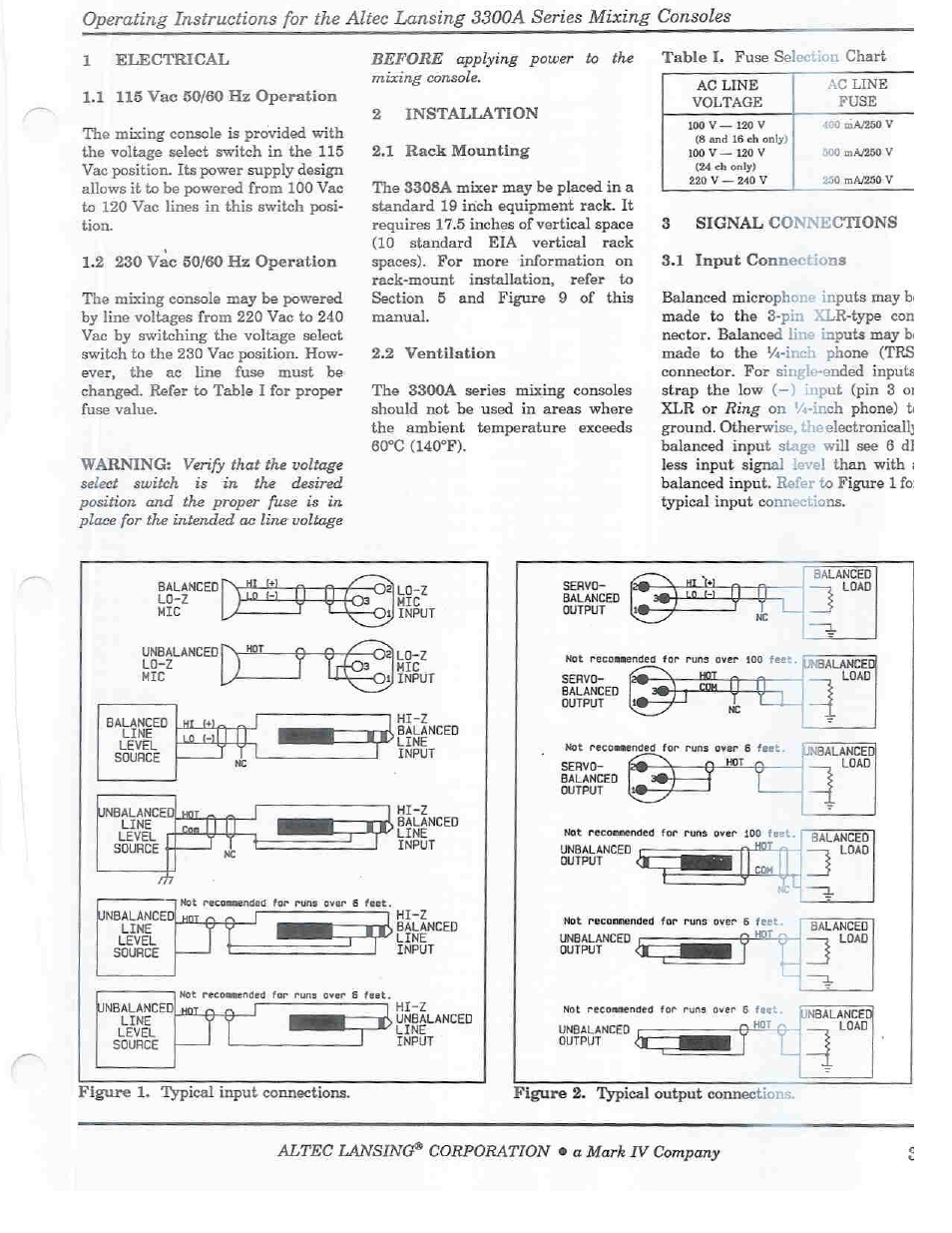M 1*1 j la, R^line j, Figure 1. typical input connections | Hl-vl, 1 -------- cgh, Unbalanreo 1------- — — output <dll|^h!i | Altec Lansing 3300A User Manual | Page 3 / 14
