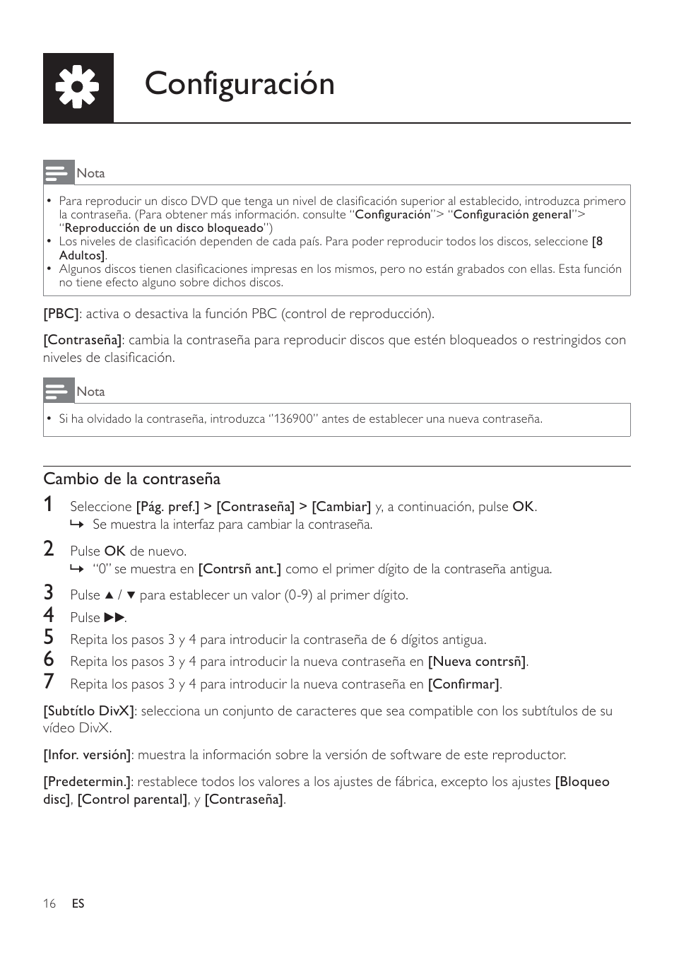 Configuración | Philips 3000 series Reproductor de DVD User Manual | Page 16 / 22