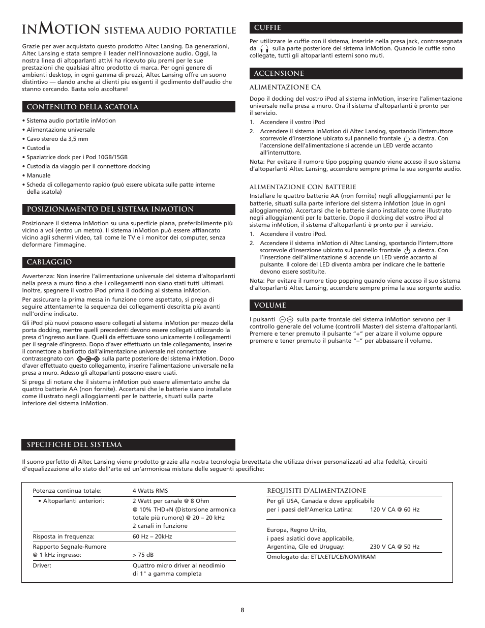 Otion, Sistema audio portatile | Altec Lansing inMotion Portable Speaker Docking Station User Manual | Page 10 / 34