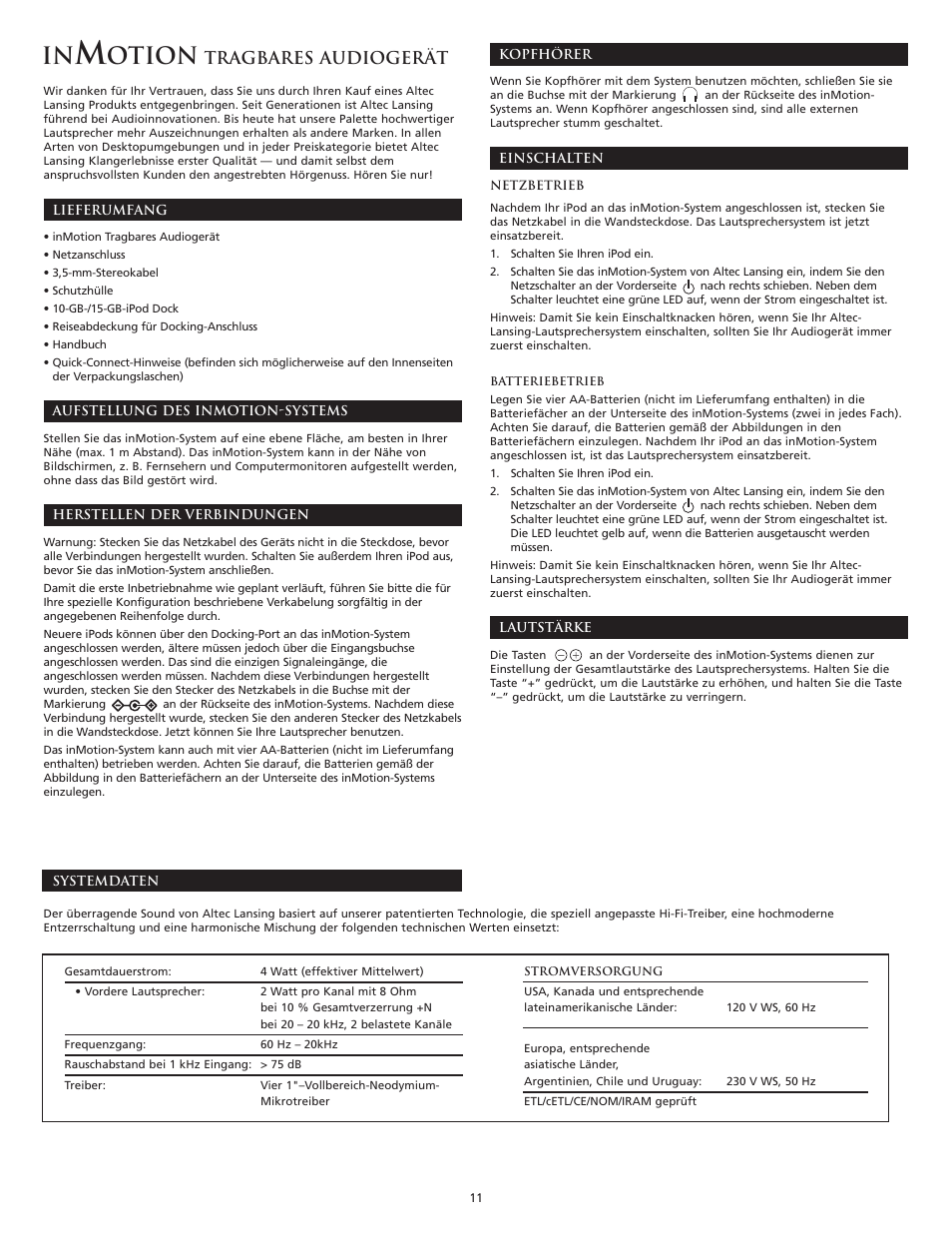 Otion, Tragbares audiogerät | Altec Lansing inMotion Portable Speaker Docking Station User Manual | Page 13 / 34