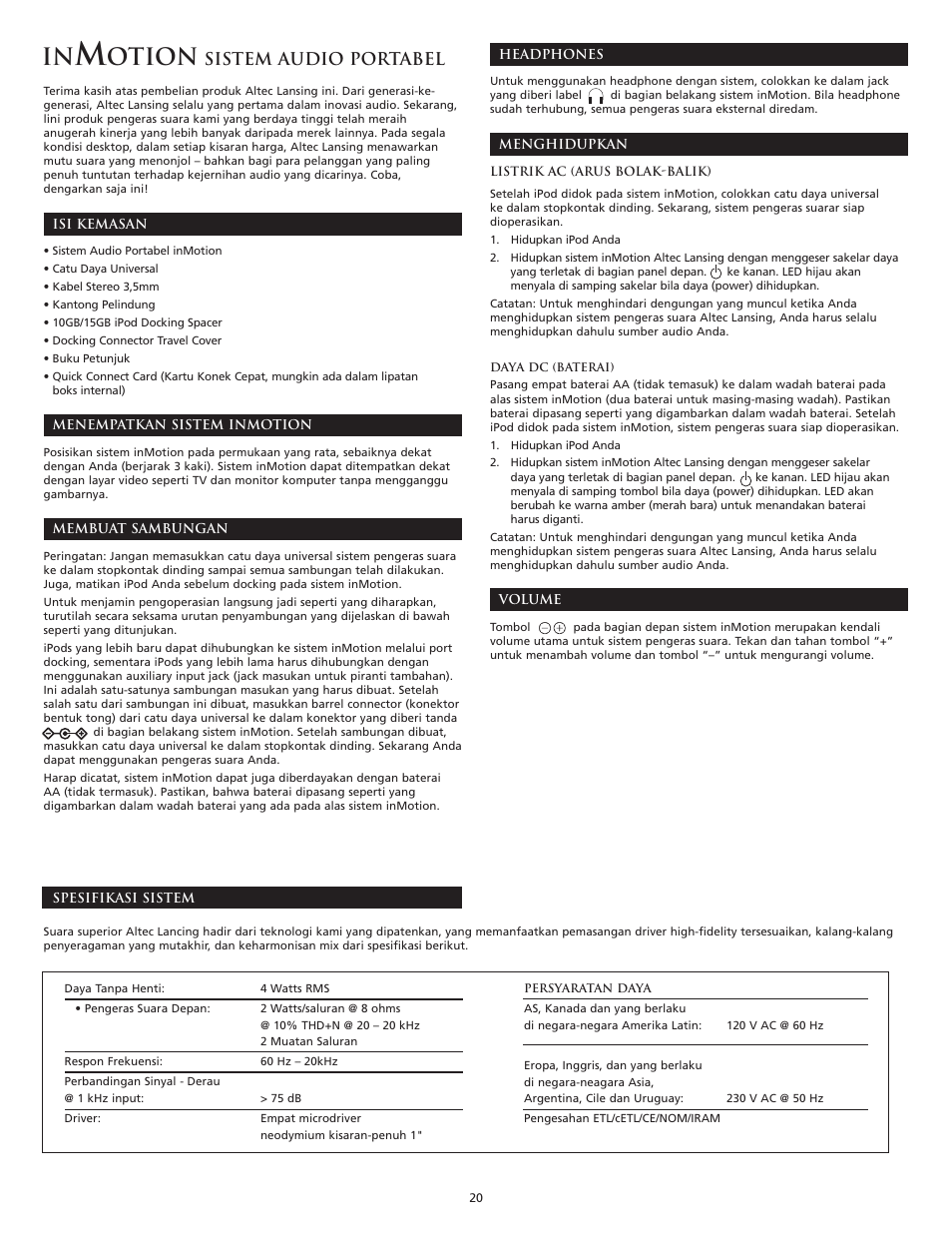 Otion, Sistem audio portabel | Altec Lansing inMotion Portable Speaker Docking Station User Manual | Page 22 / 34