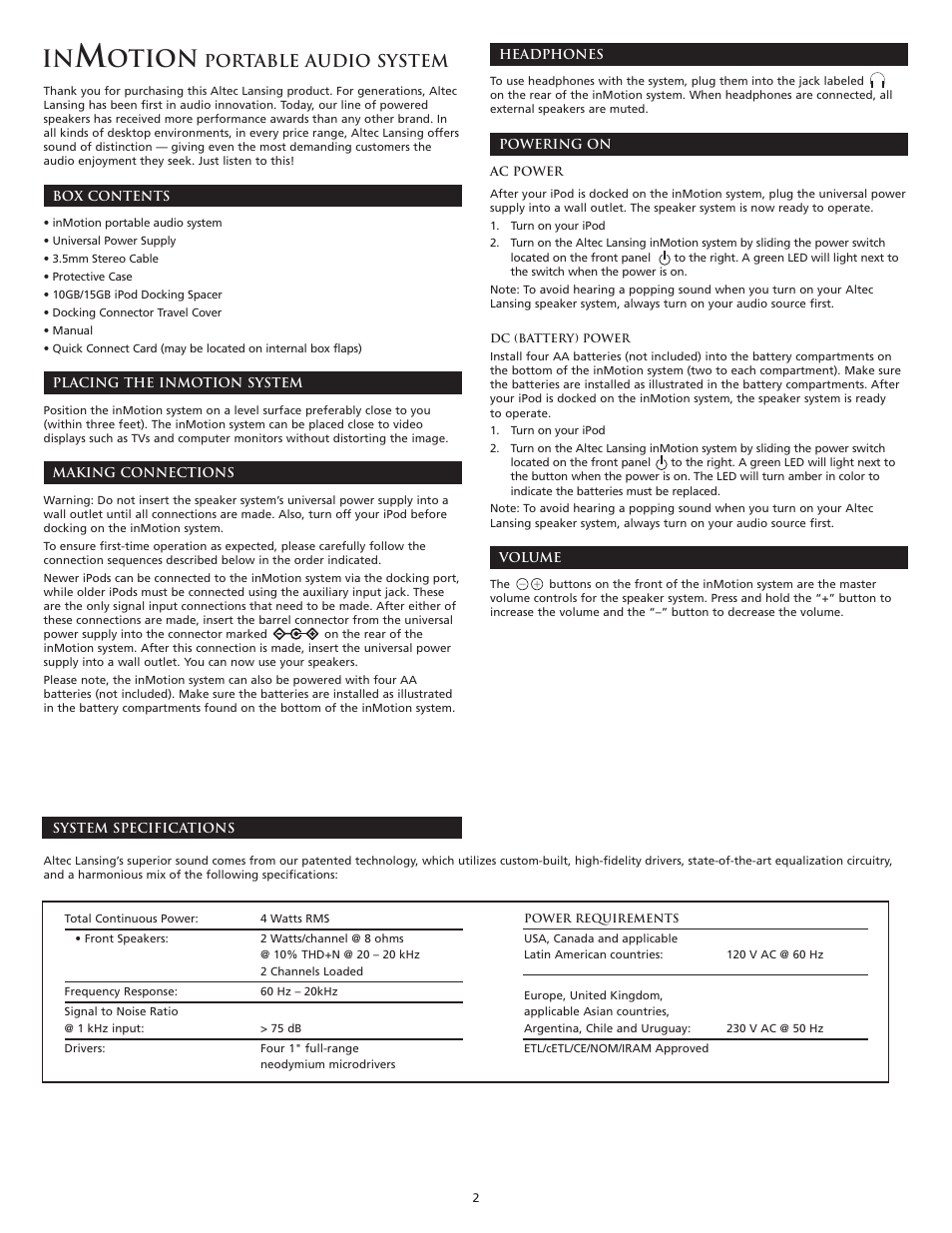 Otion, Portable audio system | Altec Lansing inMotion Portable Speaker Docking Station User Manual | Page 4 / 34