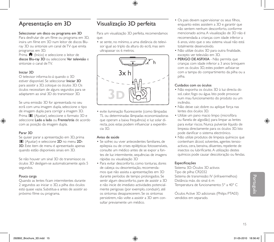 Apresentação em 3d, Visualização 3d perfeita, Por tuguês | Philips Kit de actualización de televisor 3D User Manual | Page 15 / 68