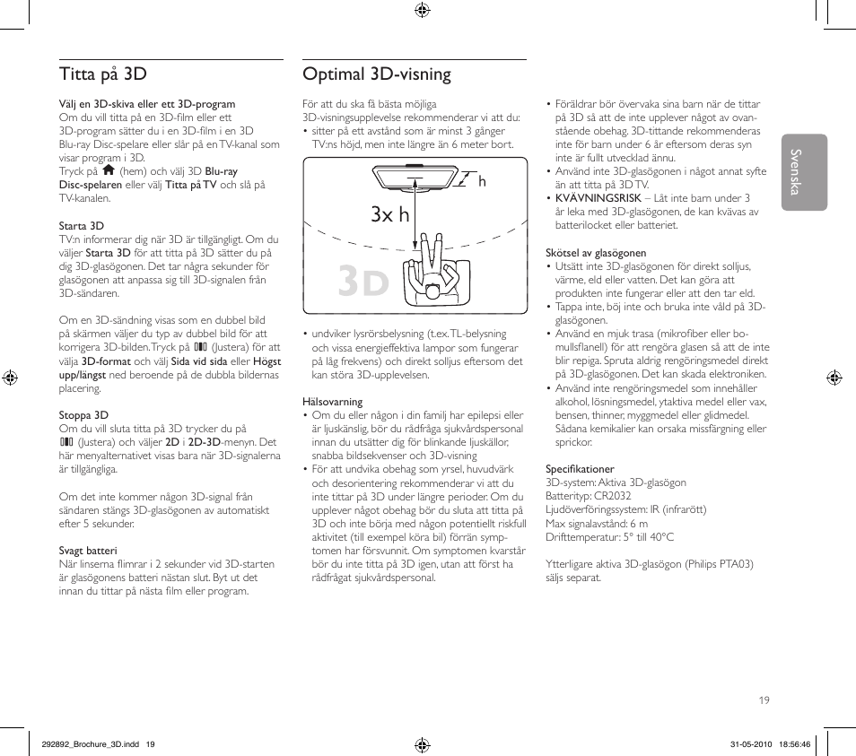 Titta på 3d, Optimal 3d-visning, Sv enska | Philips Kit de actualización de televisor 3D User Manual | Page 19 / 68