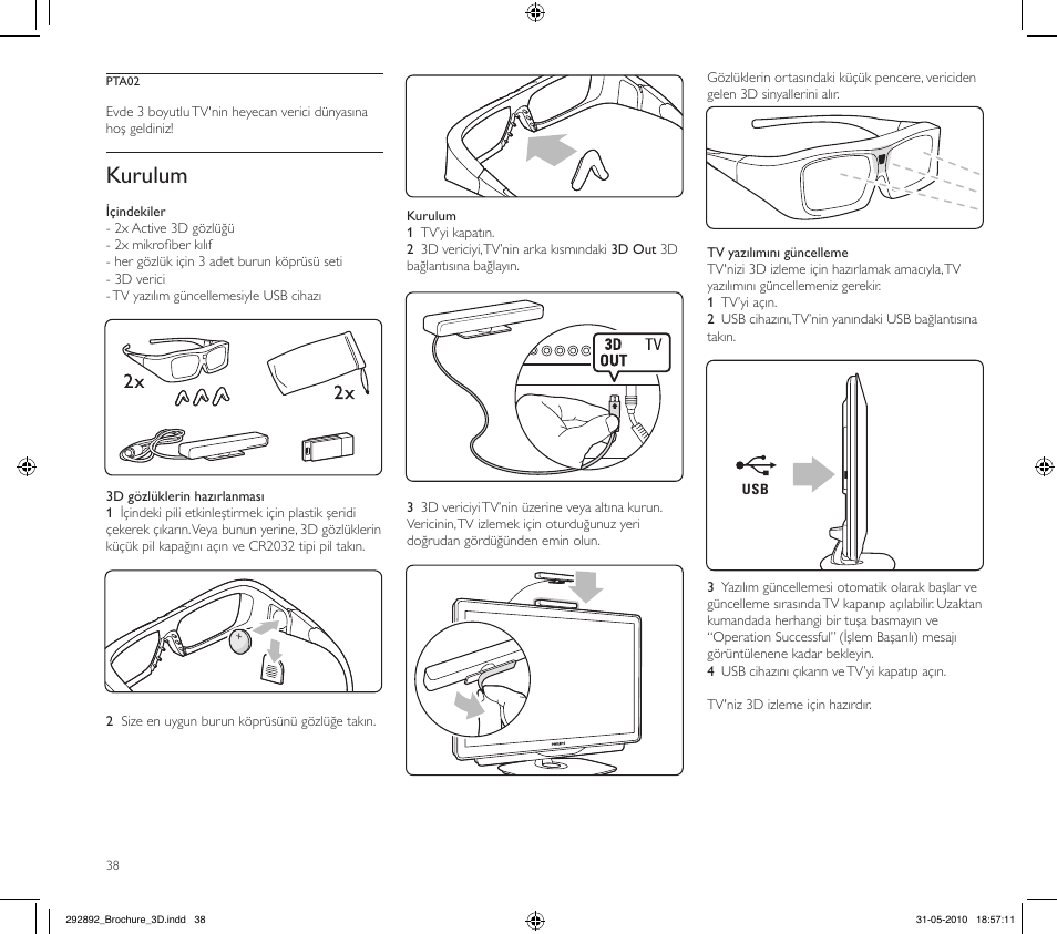 Kurulum | Philips Kit de actualización de televisor 3D User Manual | Page 38 / 68