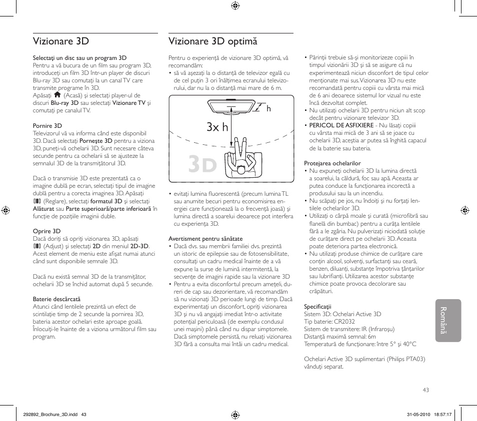 Vizionare 3d, Vizionare 3d optimă, Englishromână | Philips Kit de actualización de televisor 3D User Manual | Page 43 / 68