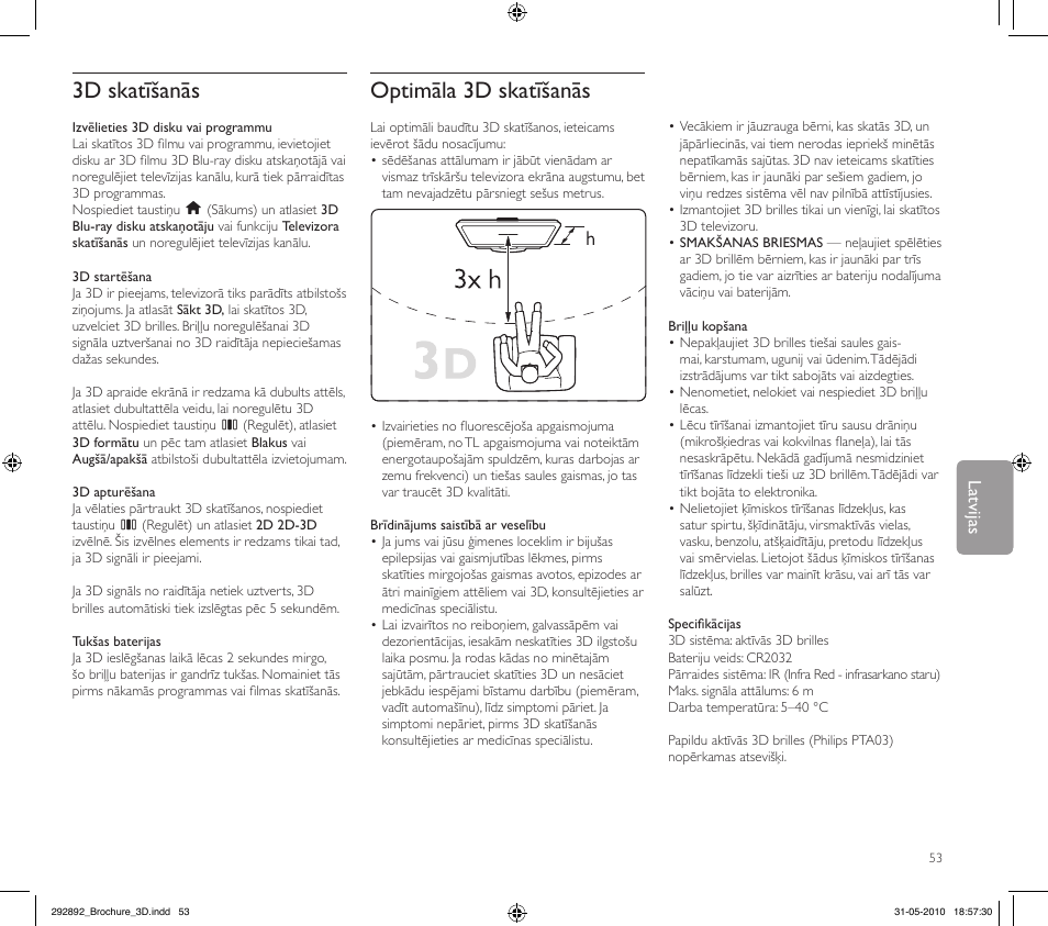 3d skatīšanās, Optimāla 3d skatīšanās, Englishlatvijas | Philips Kit de actualización de televisor 3D User Manual | Page 53 / 68