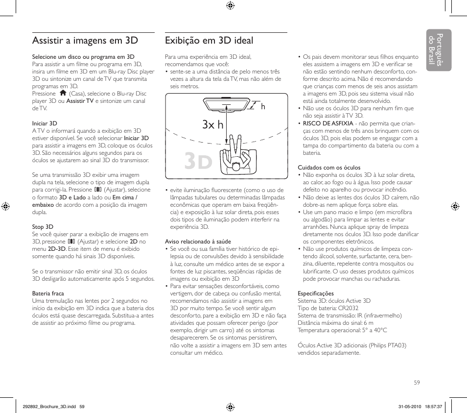 Assistir a imagens em 3d, Exibição em 3d ideal, English por tuguês do brasil | Philips Kit de actualización de televisor 3D User Manual | Page 59 / 68