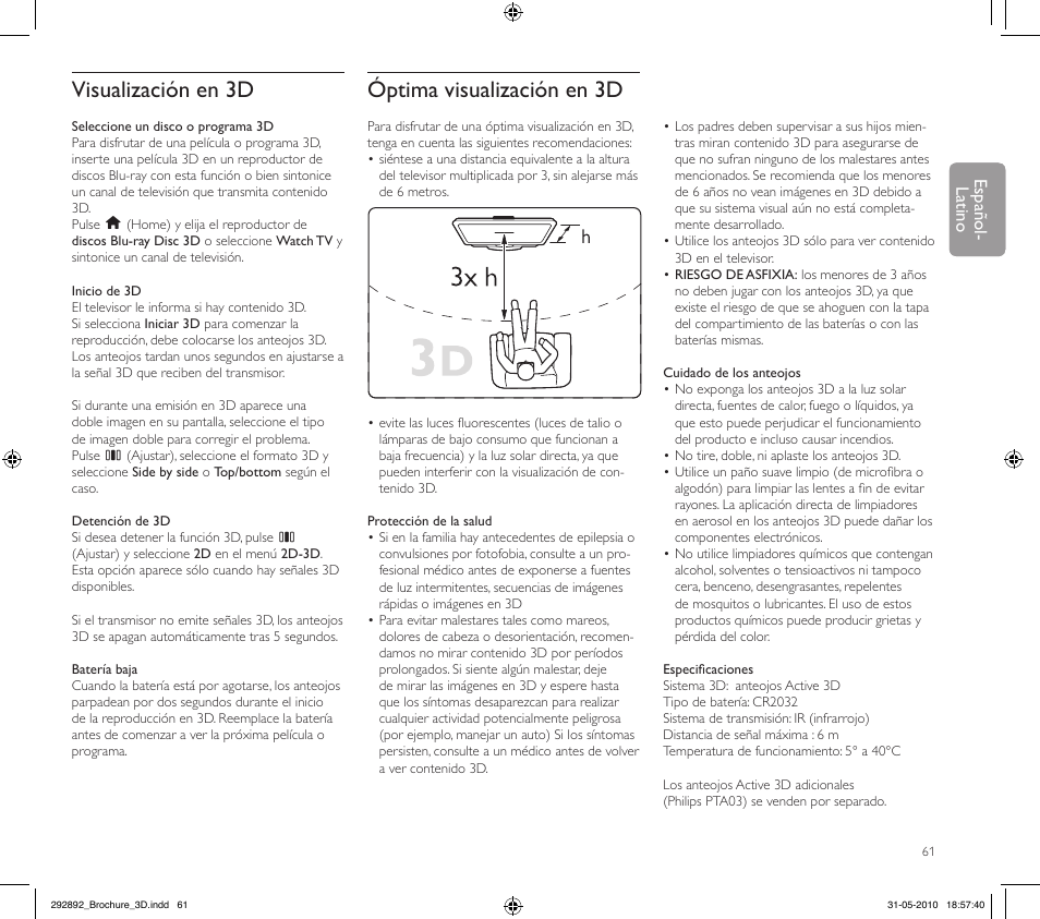 Visualización en 3d, Óptima visualización en 3d, English español- latino | Philips Kit de actualización de televisor 3D User Manual | Page 61 / 68