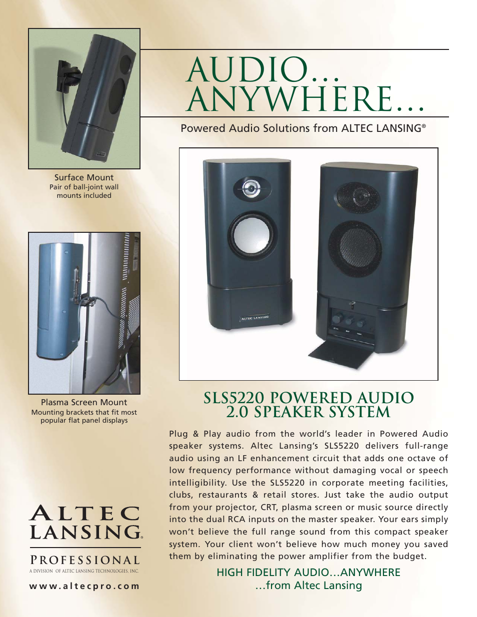 Altec Lansing Professional SLS5220 User Manual | 2 pages