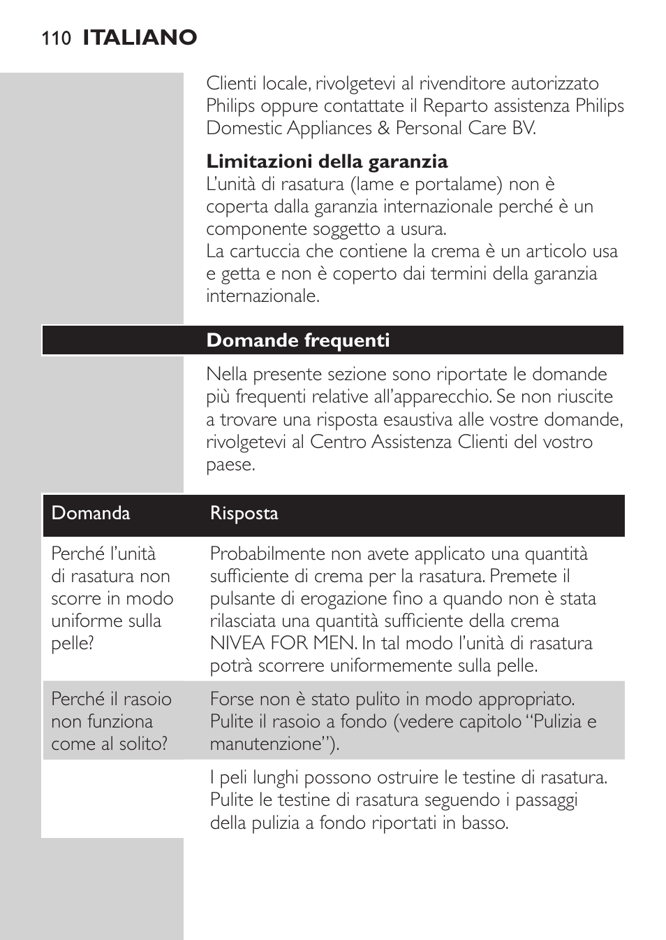 Limitazioni della garanzia, Domande frequenti | Philips Afeitadora NIVEA FOR MEN User Manual | Page 108 / 180
