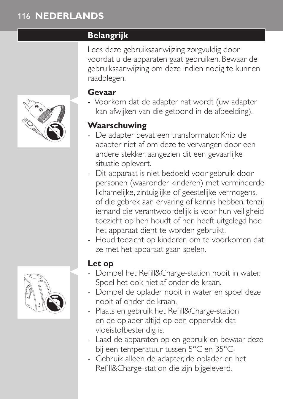 Gevaar, Waarschuwing, Let op | Nederlands, Belangrijk | Philips Afeitadora NIVEA FOR MEN User Manual | Page 114 / 180