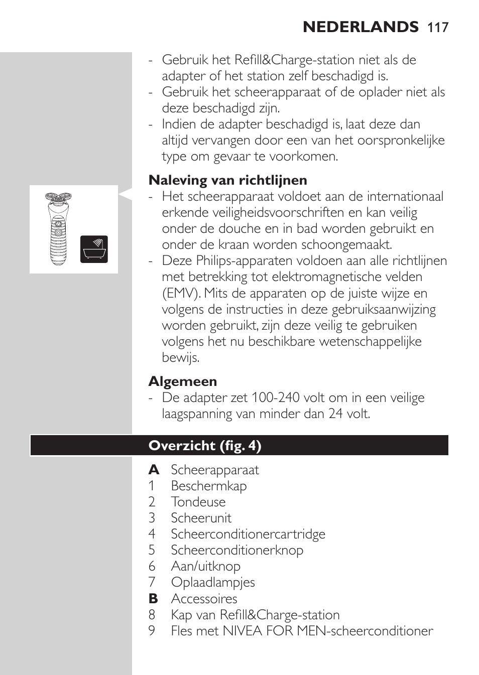 Naleving van richtlijnen, Algemeen, Overzicht (fig. 4) | Philips Afeitadora NIVEA FOR MEN User Manual | Page 115 / 180