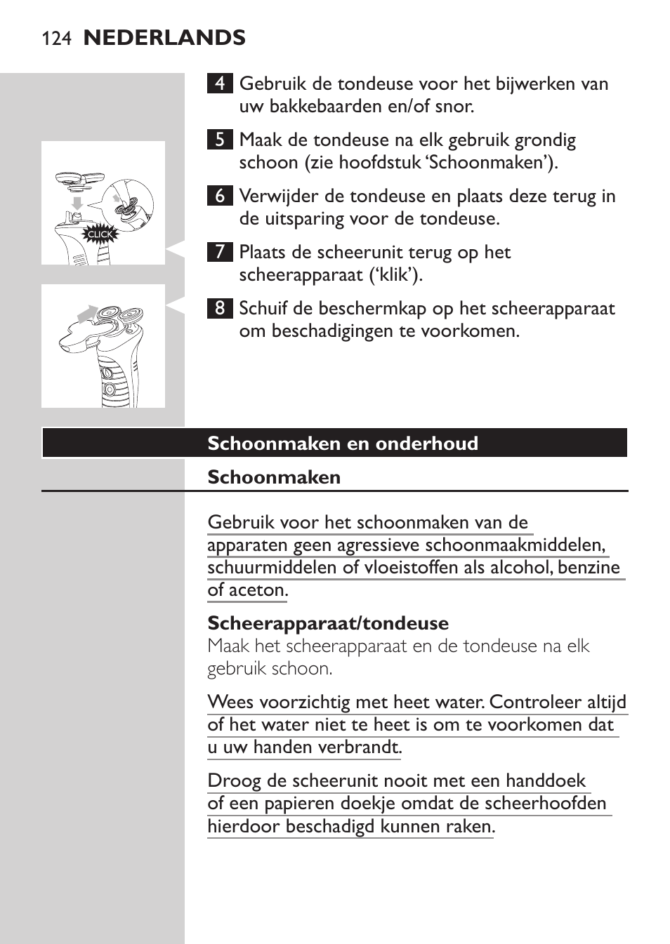 Schoonmaken en onderhoud, Schoonmaken, Scheerapparaat/tondeuse | Philips Afeitadora NIVEA FOR MEN User Manual | Page 122 / 180
