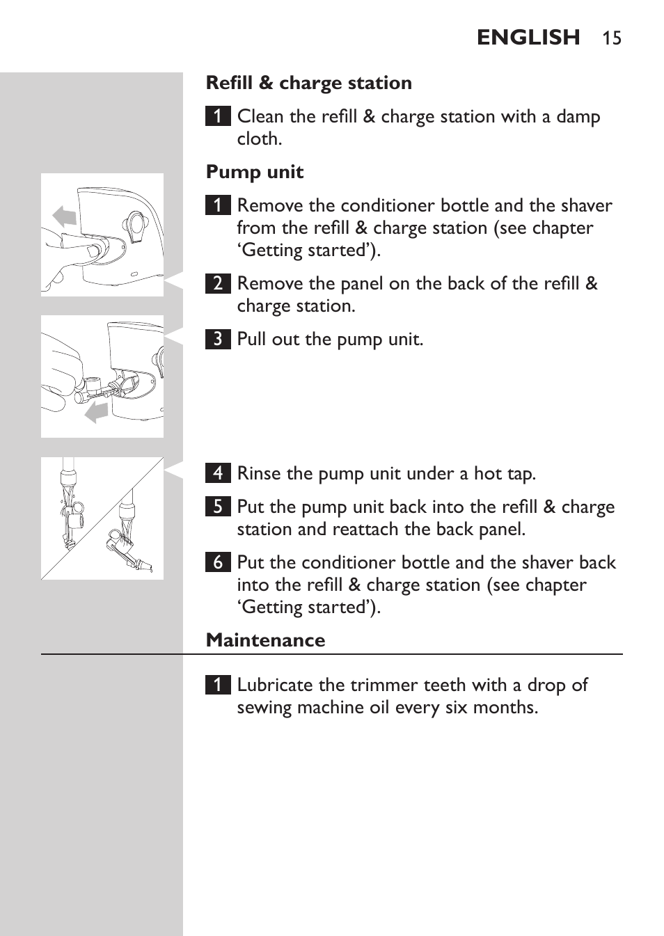 Refill & charge station, Pump unit, Maintenance | Philips Afeitadora NIVEA FOR MEN User Manual | Page 13 / 180