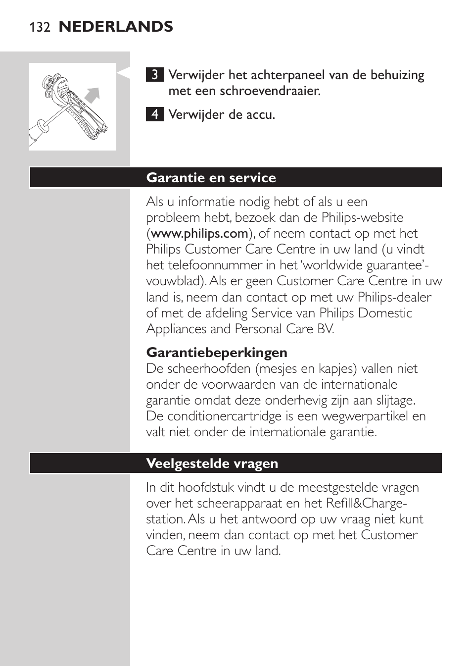 De accu verwijderen, Garantie en service | Philips Afeitadora NIVEA FOR MEN User Manual | Page 130 / 180