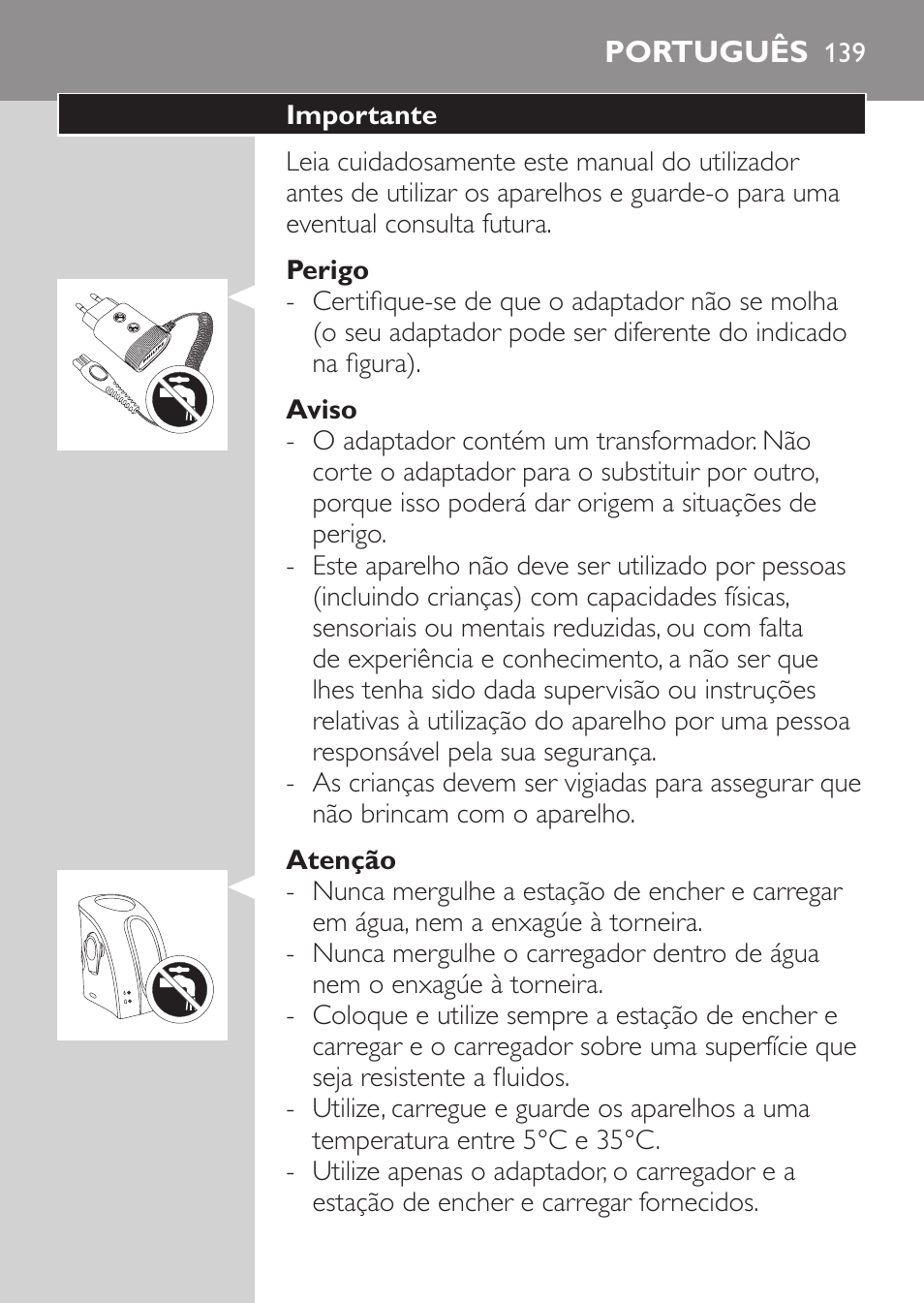 Perigo, Aviso, Atenção | Português, Importante | Philips Afeitadora NIVEA FOR MEN User Manual | Page 137 / 180
