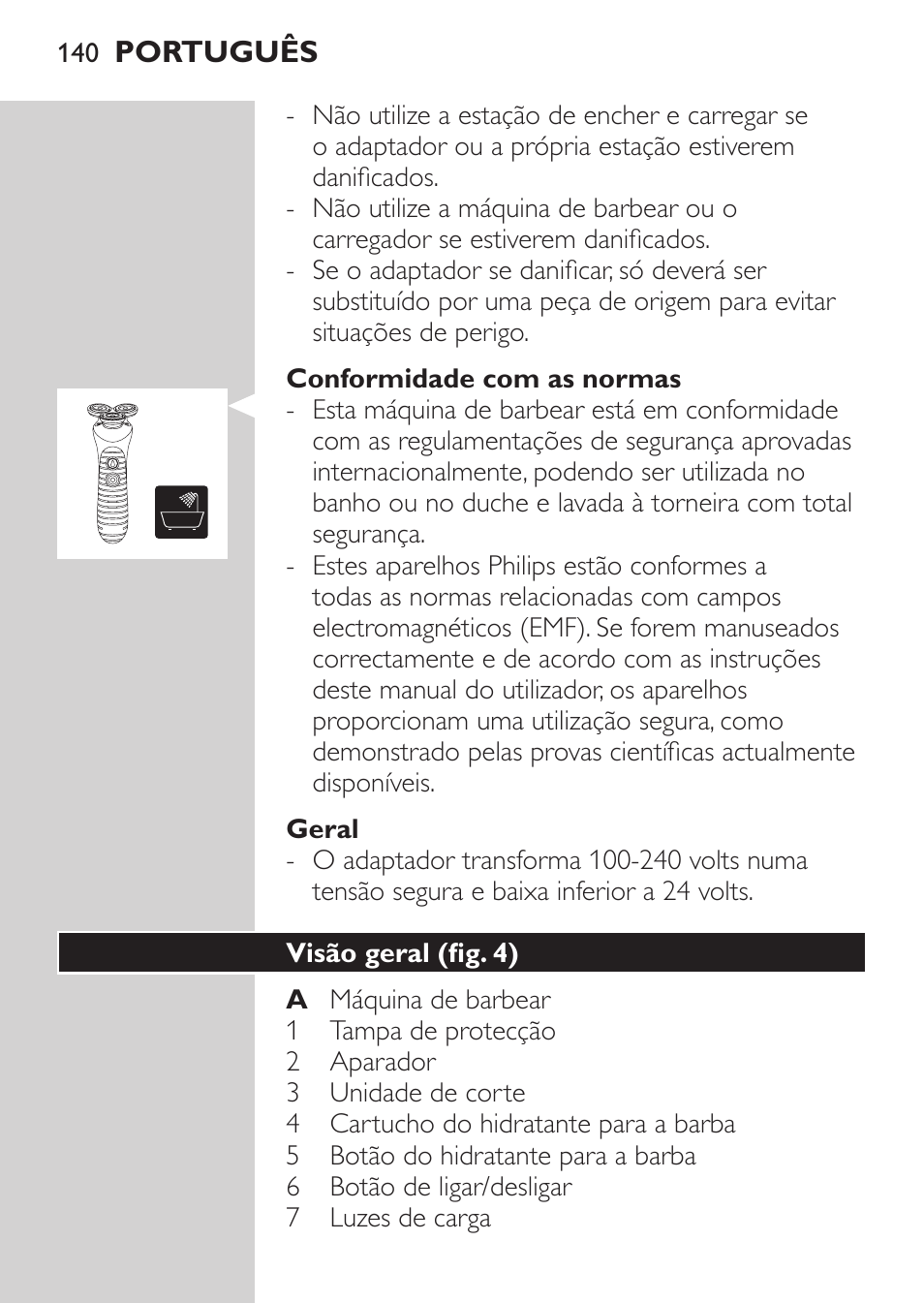 Conformidade com as normas, Geral, Visão geral (fig. 4) | Philips Afeitadora NIVEA FOR MEN User Manual | Page 138 / 180
