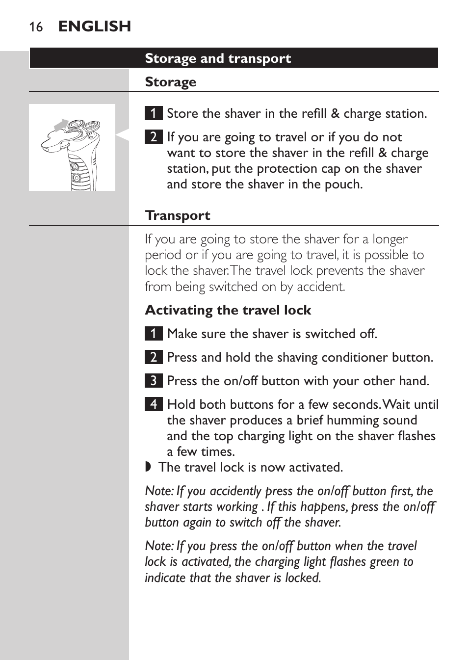 Storage and transport, Storage, Transport | Activating the travel lock | Philips Afeitadora NIVEA FOR MEN User Manual | Page 14 / 180