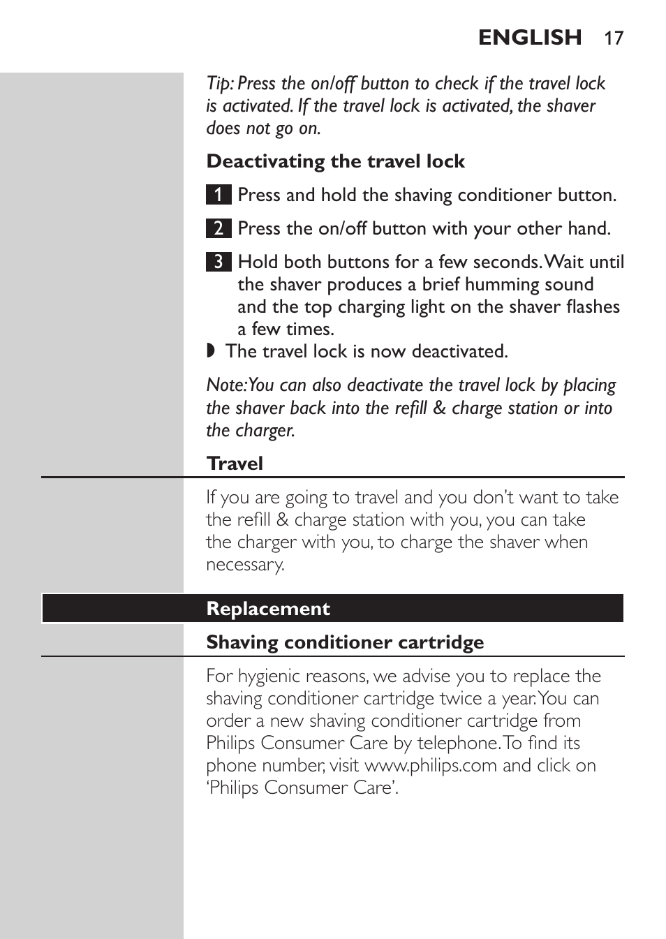 Deactivating the travel lock, Travel, Replacement | Shaving conditioner cartridge | Philips Afeitadora NIVEA FOR MEN User Manual | Page 15 / 180