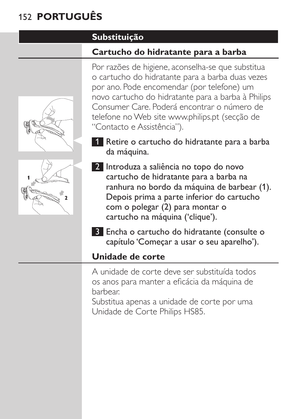 Viagem, Substituição, Cartucho do hidratante para a barba | Unidade de corte | Philips Afeitadora NIVEA FOR MEN User Manual | Page 150 / 180