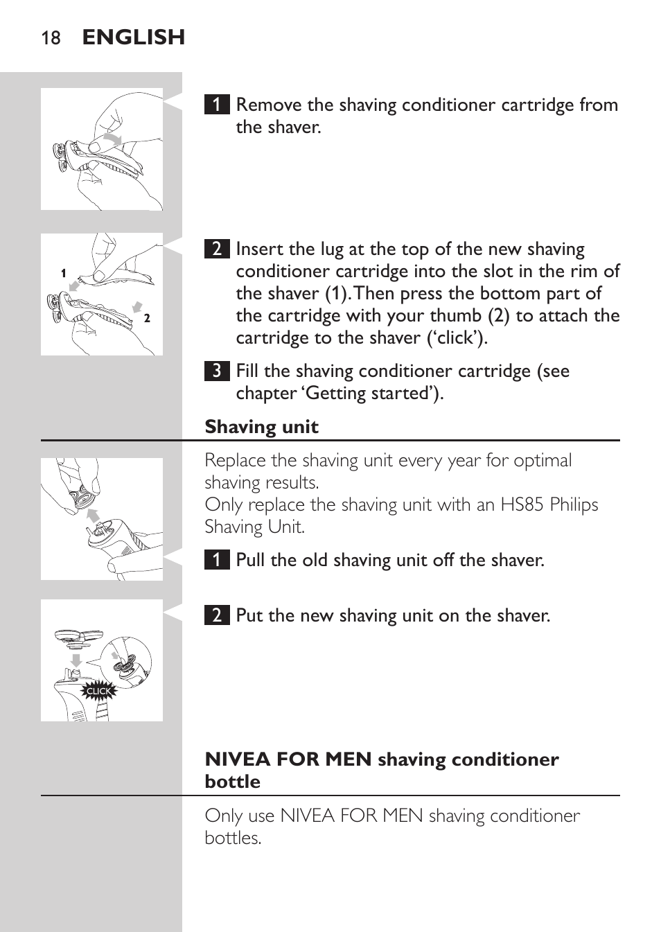 Shaving unit, Nivea for men shaving conditioner bottle | Philips Afeitadora NIVEA FOR MEN User Manual | Page 16 / 180
