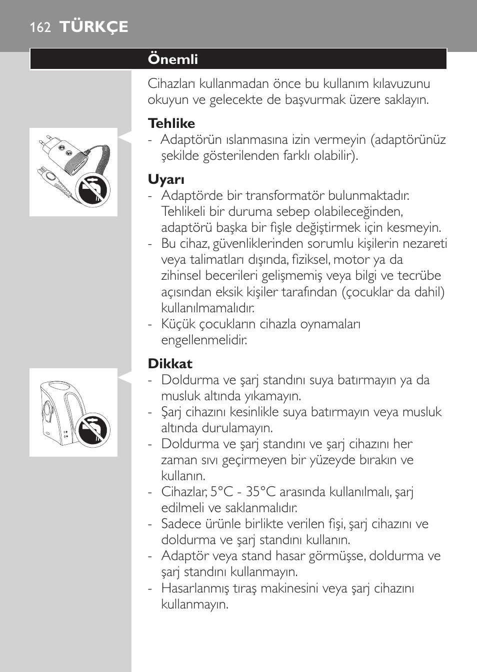 Tehlike, Uyarı, Dikkat | Türkçe, Önemli | Philips Afeitadora NIVEA FOR MEN User Manual | Page 160 / 180