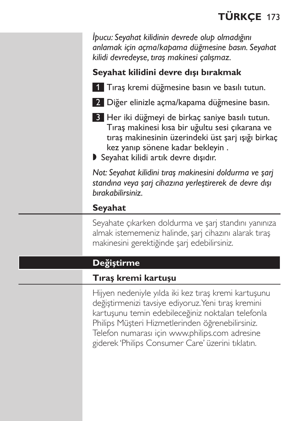 Seyahat kilidini devre dışı bırakmak, Seyahat, Değiştirme | Tıraş kremi kartuşu | Philips Afeitadora NIVEA FOR MEN User Manual | Page 171 / 180