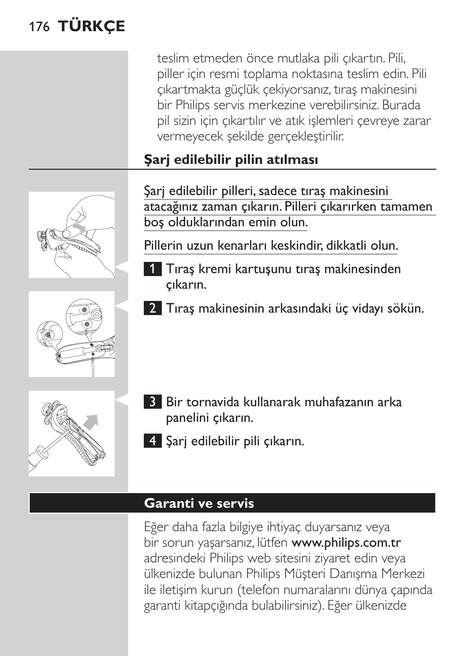 Şarj edilebilir pilin atılması, Garanti ve servis | Philips Afeitadora NIVEA FOR MEN User Manual | Page 174 / 180