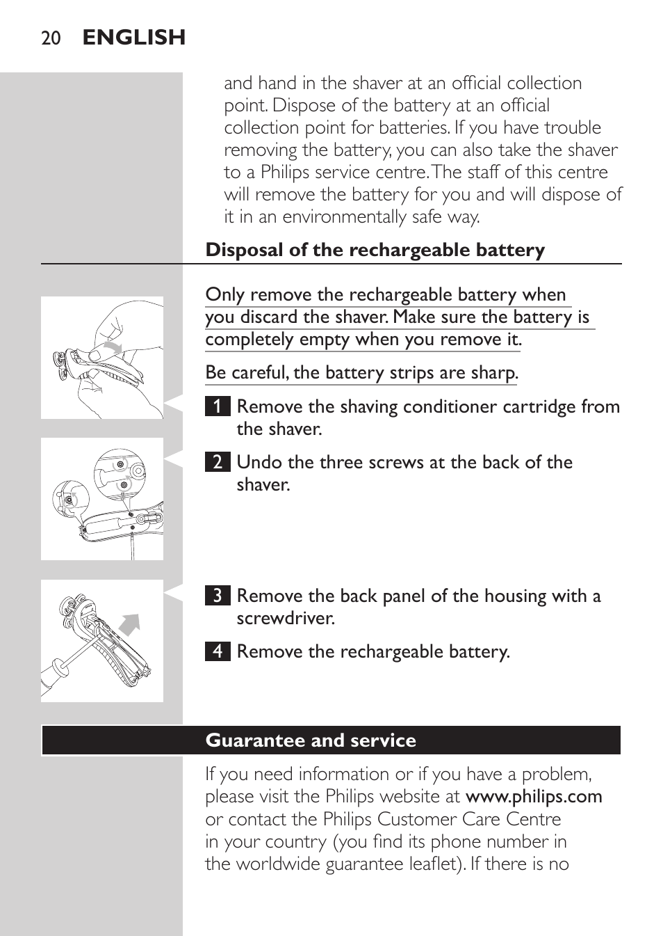 Disposal of the rechargeable battery, Guarantee and service | Philips Afeitadora NIVEA FOR MEN User Manual | Page 18 / 180