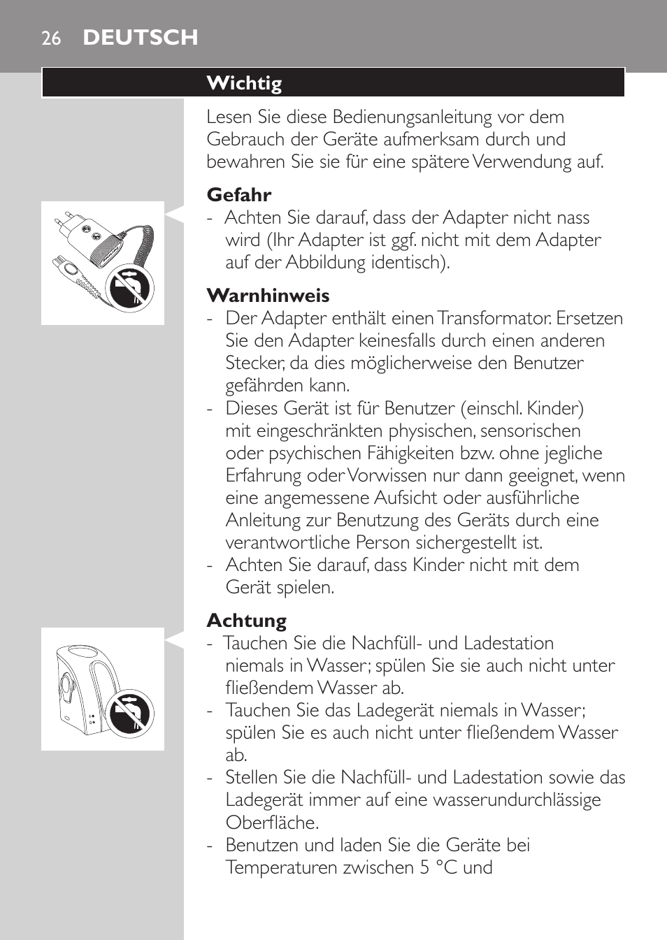 Gefahr, Warnhinweis, Achtung | Deutsch, Wichtig | Philips Afeitadora NIVEA FOR MEN User Manual | Page 24 / 180