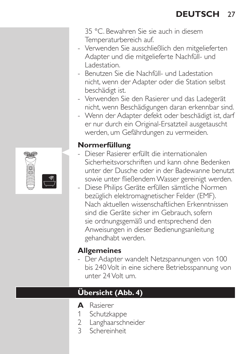 Normerfüllung, Allgemeines, Übersicht (abb. 4) | Philips Afeitadora NIVEA FOR MEN User Manual | Page 25 / 180