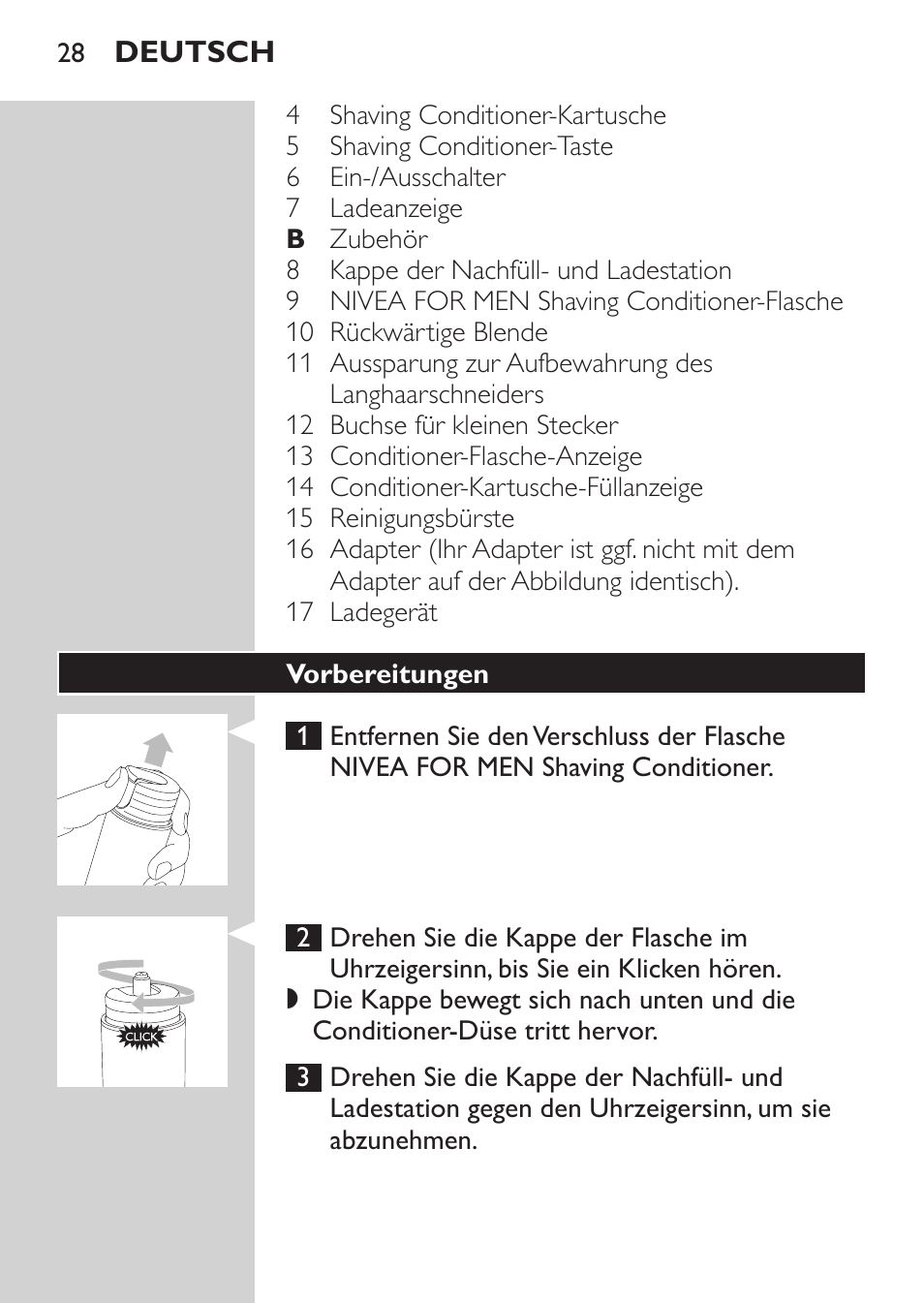 Vorbereitungen | Philips Afeitadora NIVEA FOR MEN User Manual | Page 26 / 180
