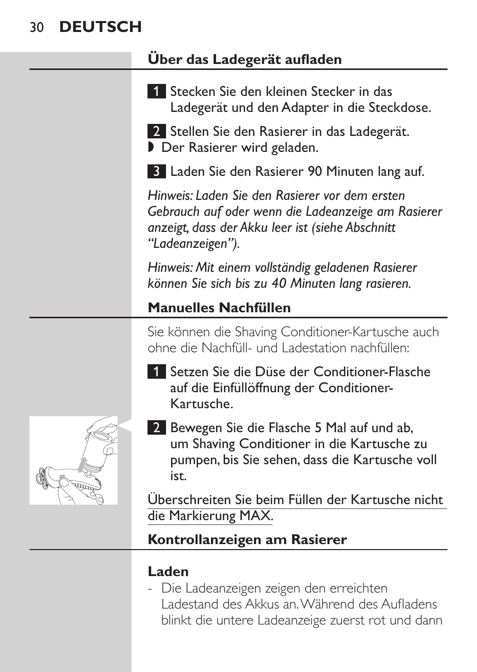 Über das ladegerät aufladen, Manuelles nachfüllen, Kontrollanzeigen am rasierer | Laden | Philips Afeitadora NIVEA FOR MEN User Manual | Page 28 / 180