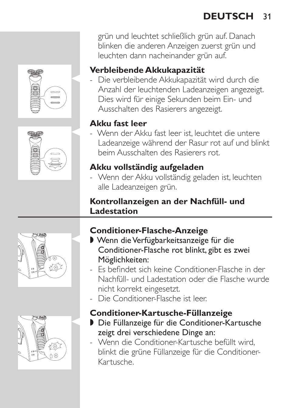 Verbleibende akkukapazität, Akku fast leer, Akku vollständig aufgeladen | Kontrollanzeigen an der nachfüll- und ladestation, Conditioner-flasche-anzeige, Conditioner-kartusche-füllanzeige | Philips Afeitadora NIVEA FOR MEN User Manual | Page 29 / 180