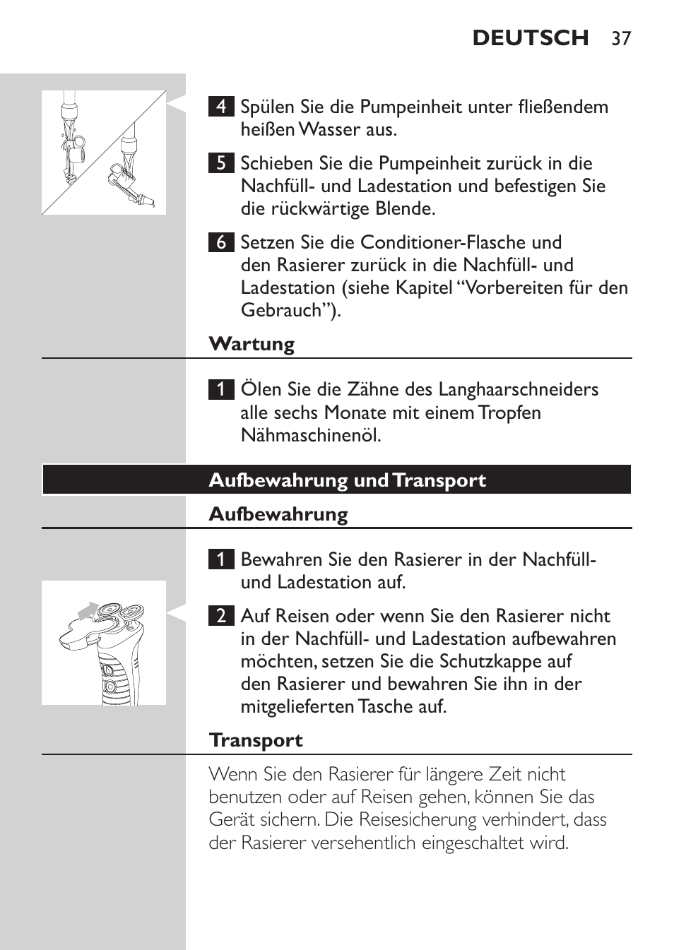 Wartung, Aufbewahrung und transport, Aufbewahrung | Transport | Philips Afeitadora NIVEA FOR MEN User Manual | Page 35 / 180