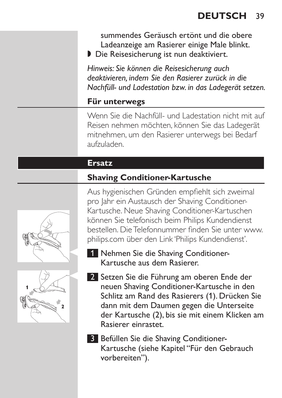 Für unterwegs, Ersatz, Shaving conditioner-kartusche | Philips Afeitadora NIVEA FOR MEN User Manual | Page 37 / 180