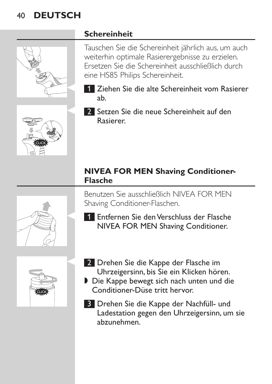 Schereinheit, Nivea for men shaving conditioner-flasche | Philips Afeitadora NIVEA FOR MEN User Manual | Page 38 / 180