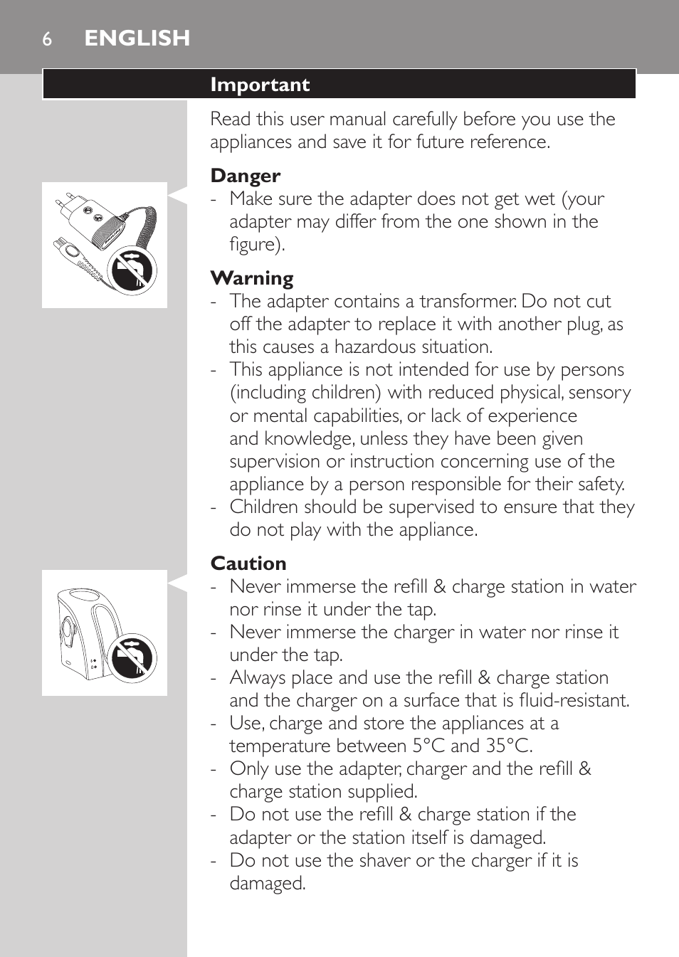 English, Important, Danger | Warning, Caution | Philips Afeitadora NIVEA FOR MEN User Manual | Page 4 / 180