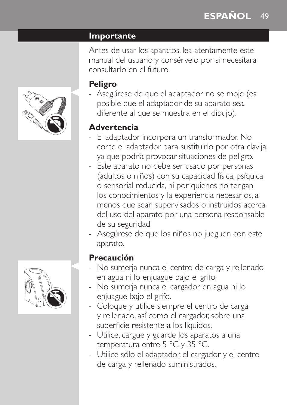 Peligro, Advertencia, Precaución | Español, Importante | Philips Afeitadora NIVEA FOR MEN User Manual | Page 47 / 180